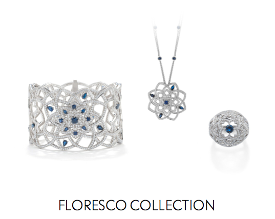 An enchanted garden comes to life. Taking its name from the Latin word for ‘bloom’, Floresco has a lyrical and regal character that echoes the symmetrical blooming motif of these diamond and sapphire pieces.