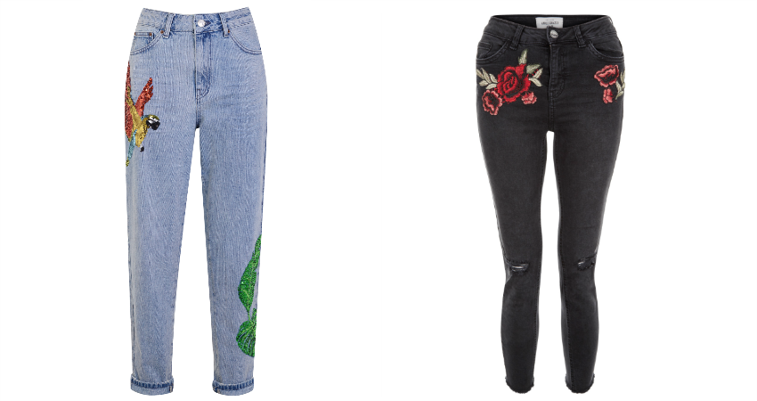 Topshop MOTO Rio Sequin Mom Jeans - £50. New Look Black Rose Embroidered Ripped Skinny Jeans - £29.99.